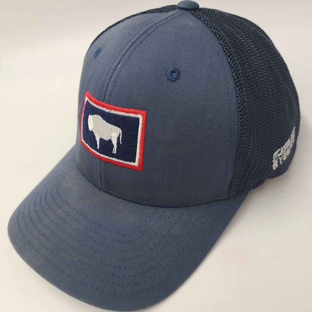 Jackson Hole Hat Fitted (Seems M-L) Trucker Mesh Blue Wyoming Distressed Buffalo